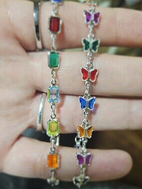 18k White Gold Filled Multicolor Gemstone & Butterfly  Bracelet Duo